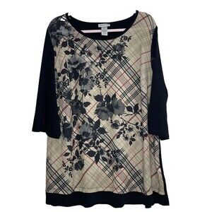 CATHERINES Tunic Top Tan Black Tartan Plaid Floral Beaded 3/4 Sleeve Office 1 XL